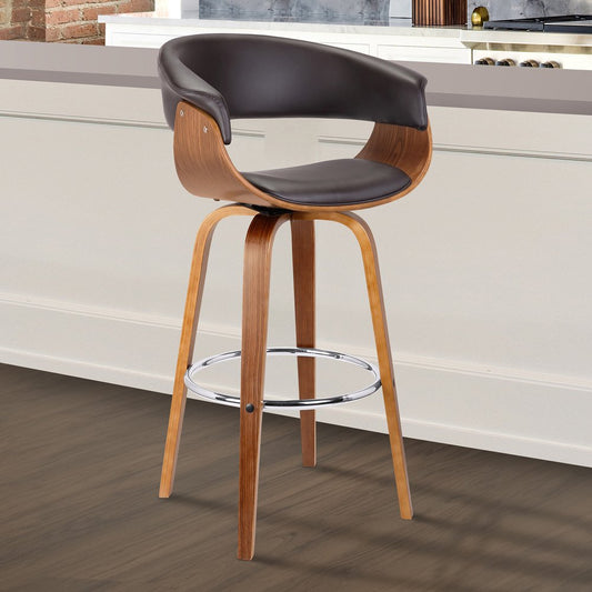 27" Brown Faux Leather And Iron Swivel Low Back Counter Height Bar Chair