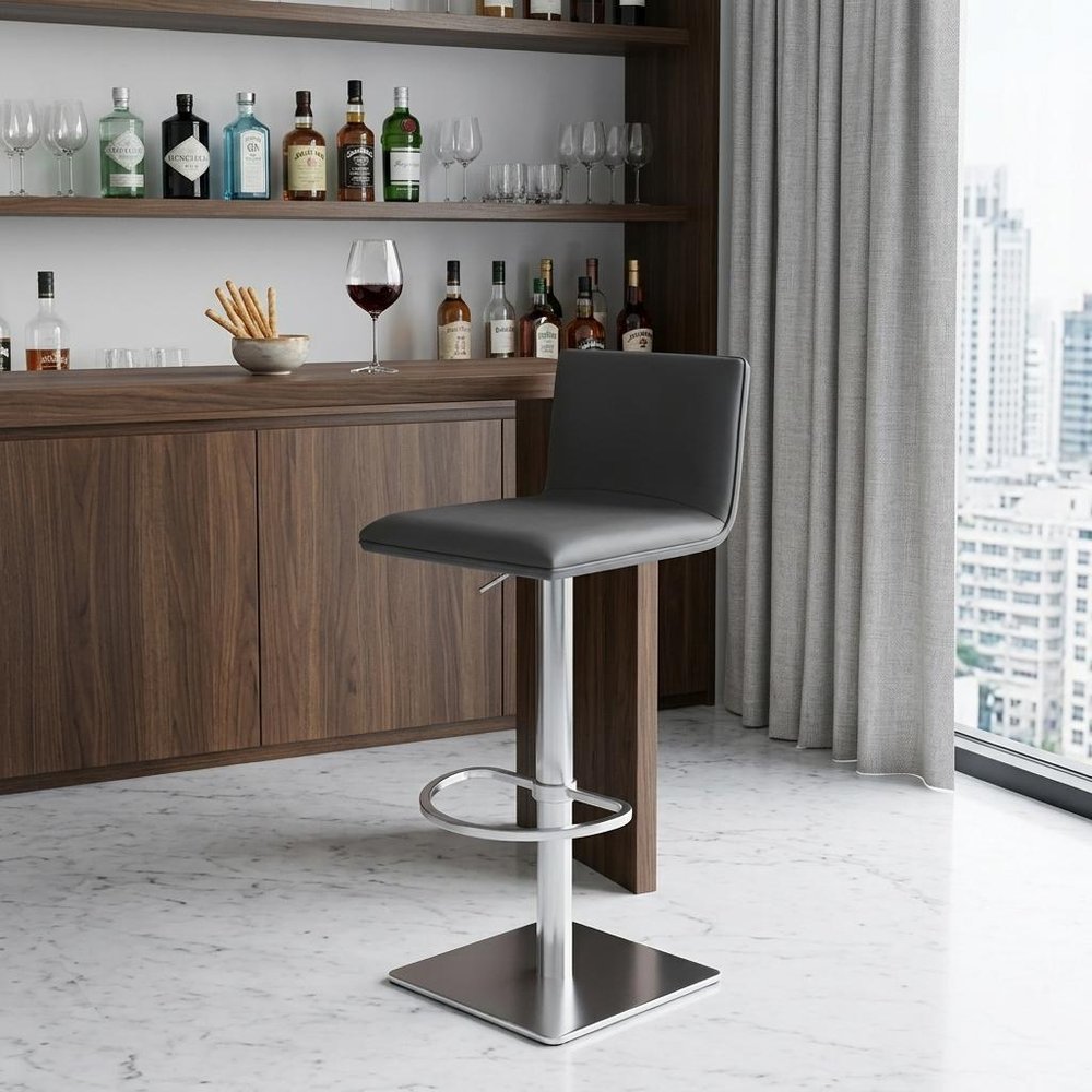 21" Gray And Silver Fabric And Iron Backless Adjustable Height Swivel Bar Chair