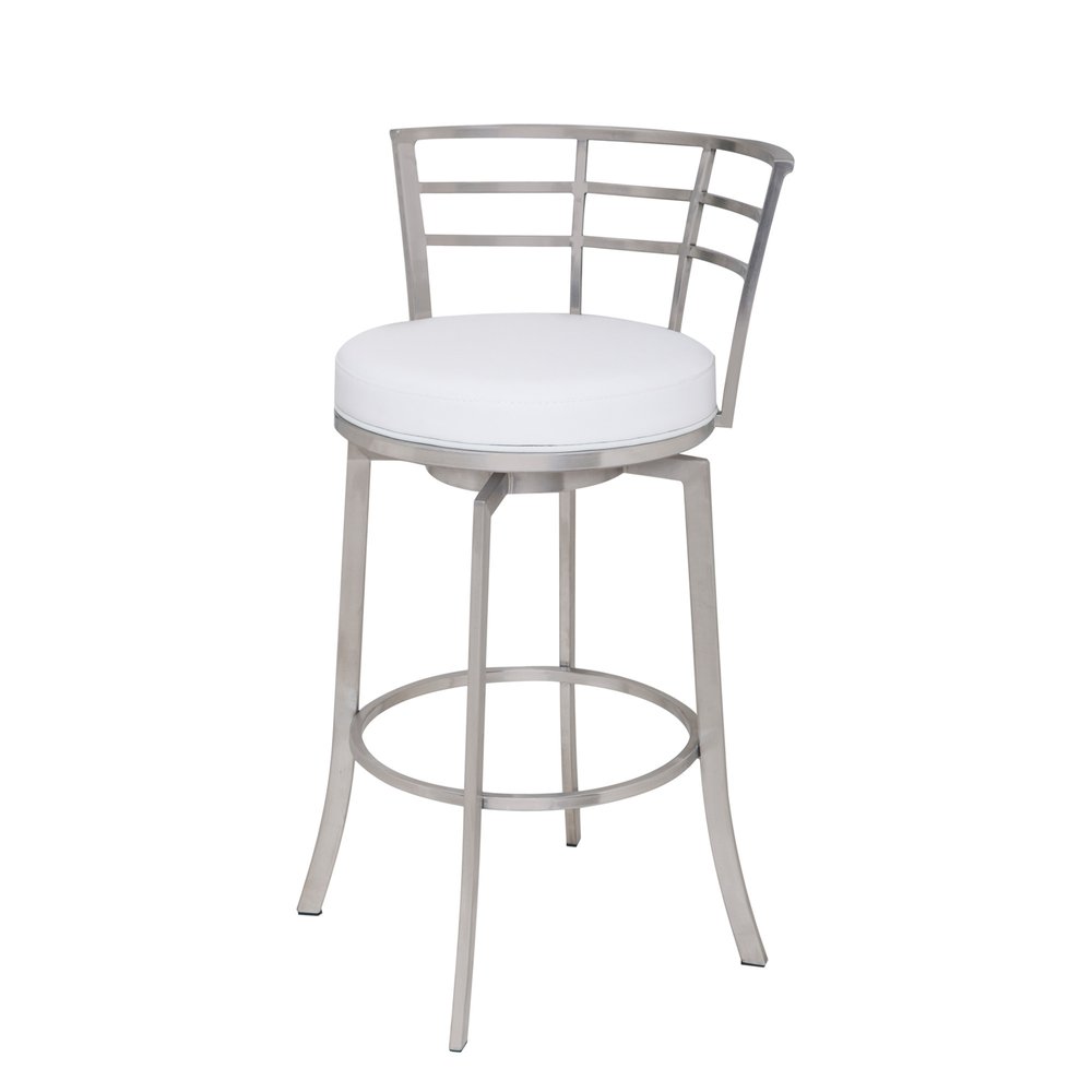 26" White And Silver Faux Leather And Iron Swivel Low Back Counter Height Bar Chair