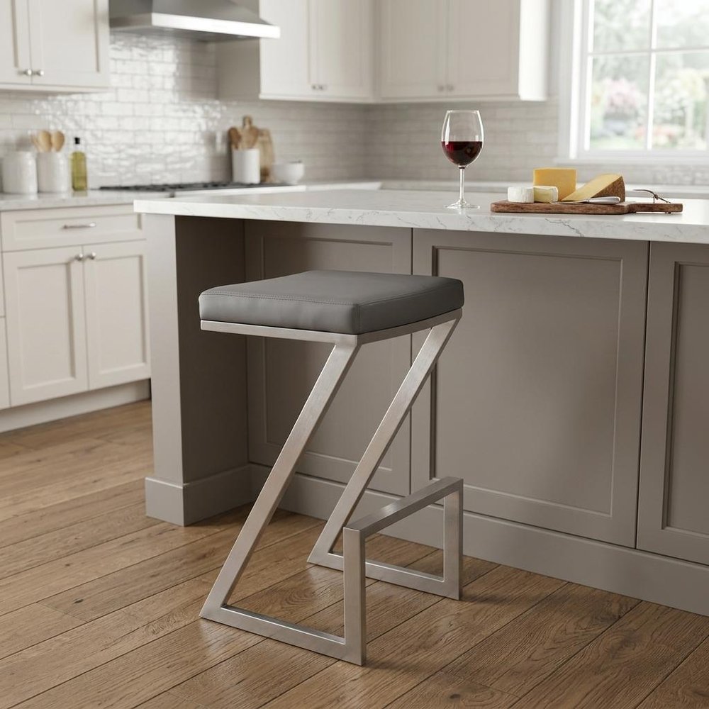 26" Gray And Silver Fabric And Iron Backless Counter Height Bar Chair