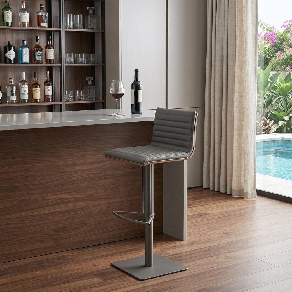 Gray Fabric And Iron Low Back Adjustable Height Swivel Bar Chair