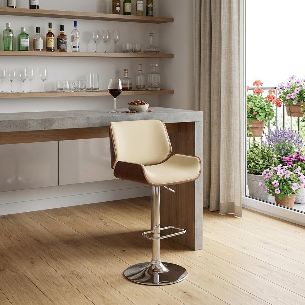 Cream And Silver Fabric And Iron Low Back Adjustable Height Swivel Bar Chair