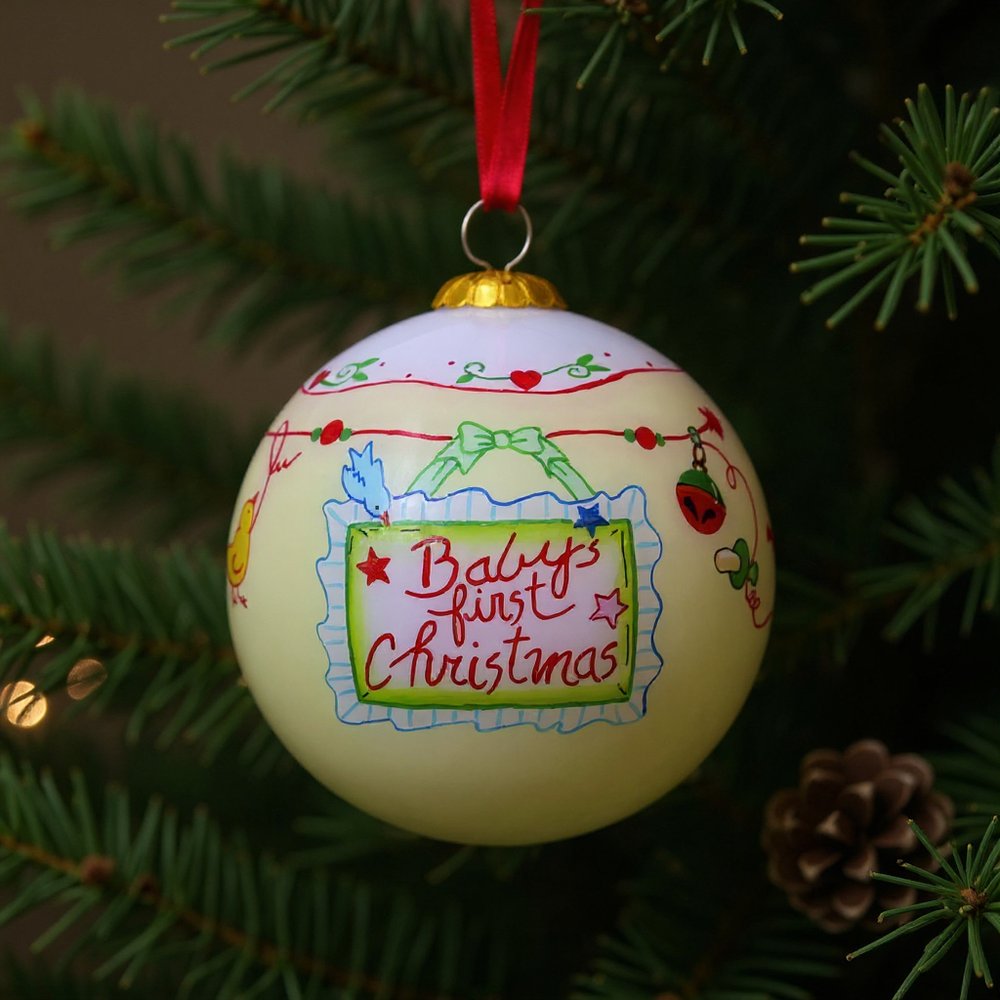 Baby's First Christmas with Motifs Hand Painted Mouth Blown Glass Ornament