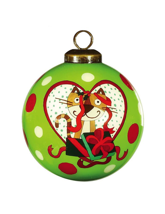 Charming Cat in a Heart Hand Painted Mouth Blown Glass Ornament