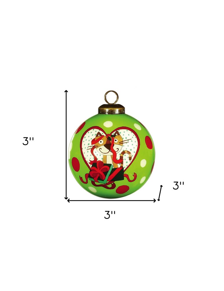 Charming Cat in a Heart Hand Painted Mouth Blown Glass Ornament