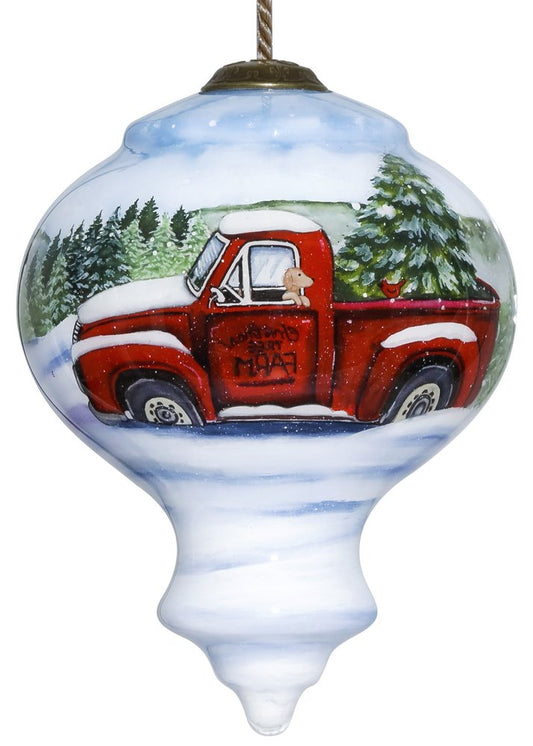 Red Farm Truck with Tree Hand Painted And Mouth Blown Red White And Green Glass Finial Ornament