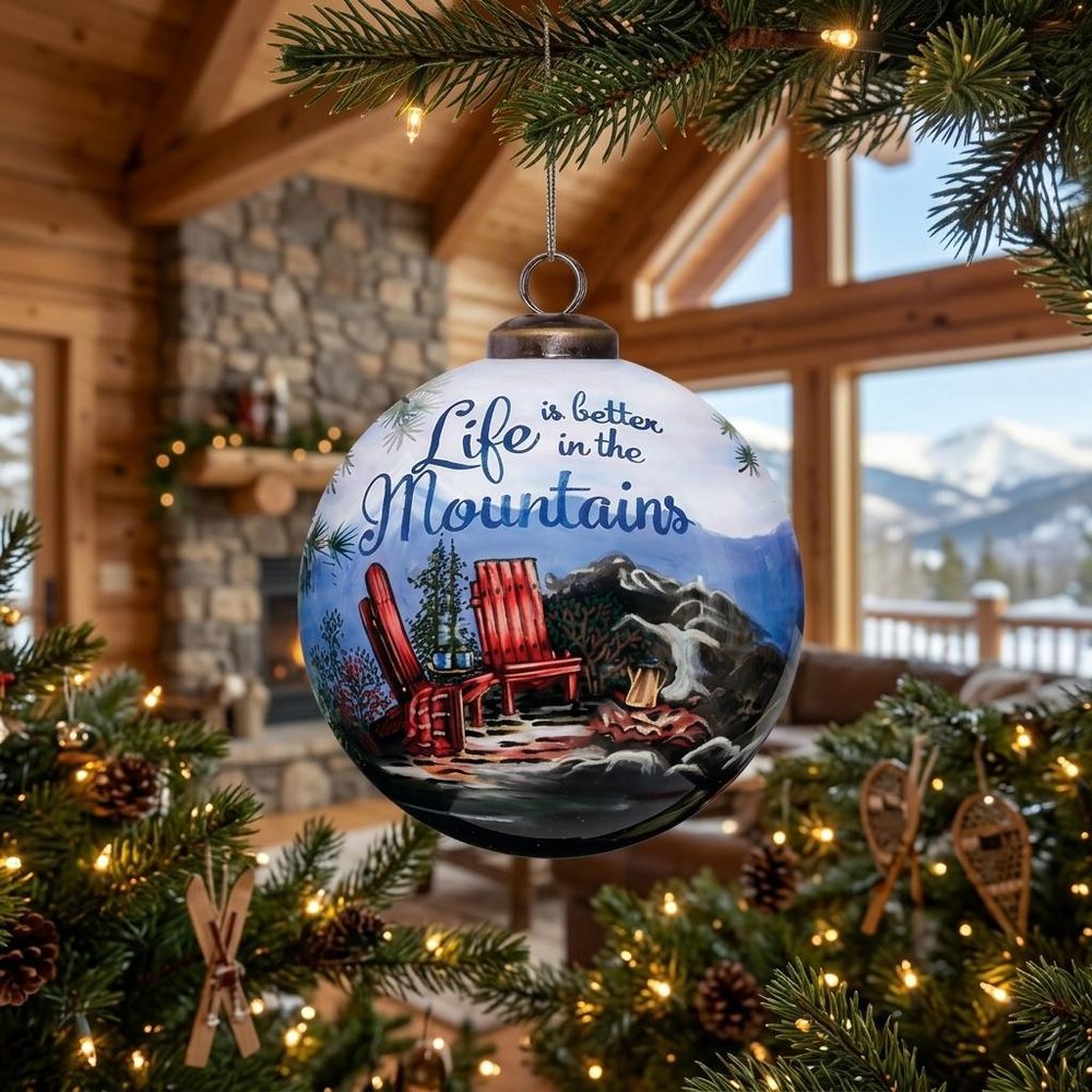 Scenic Life is Better in the Mountains Hand Painted And Mouth Blown Blue And White Glass Ball Ornament