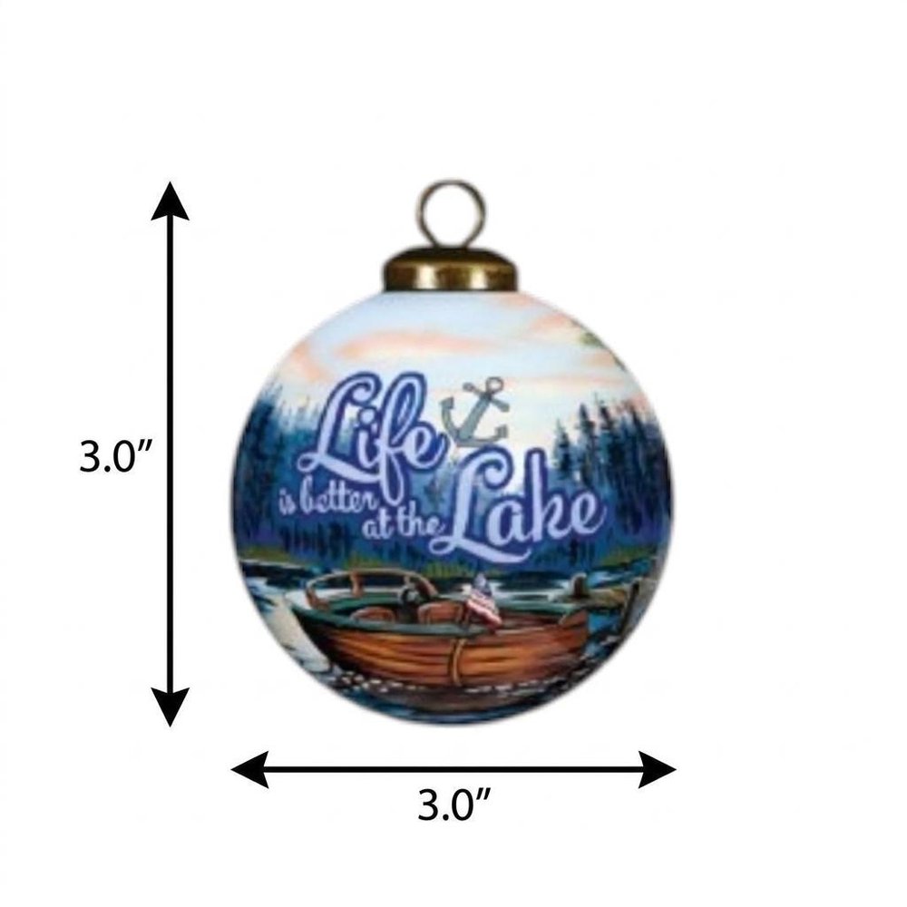 Scenic Life is Better at the Lake Hand Painted And Mouth Blown Blue And White Glass Ball Ornament