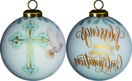 Confirmation Hand Painted And Mouth Blown Gold And White Glass Ball Ornament