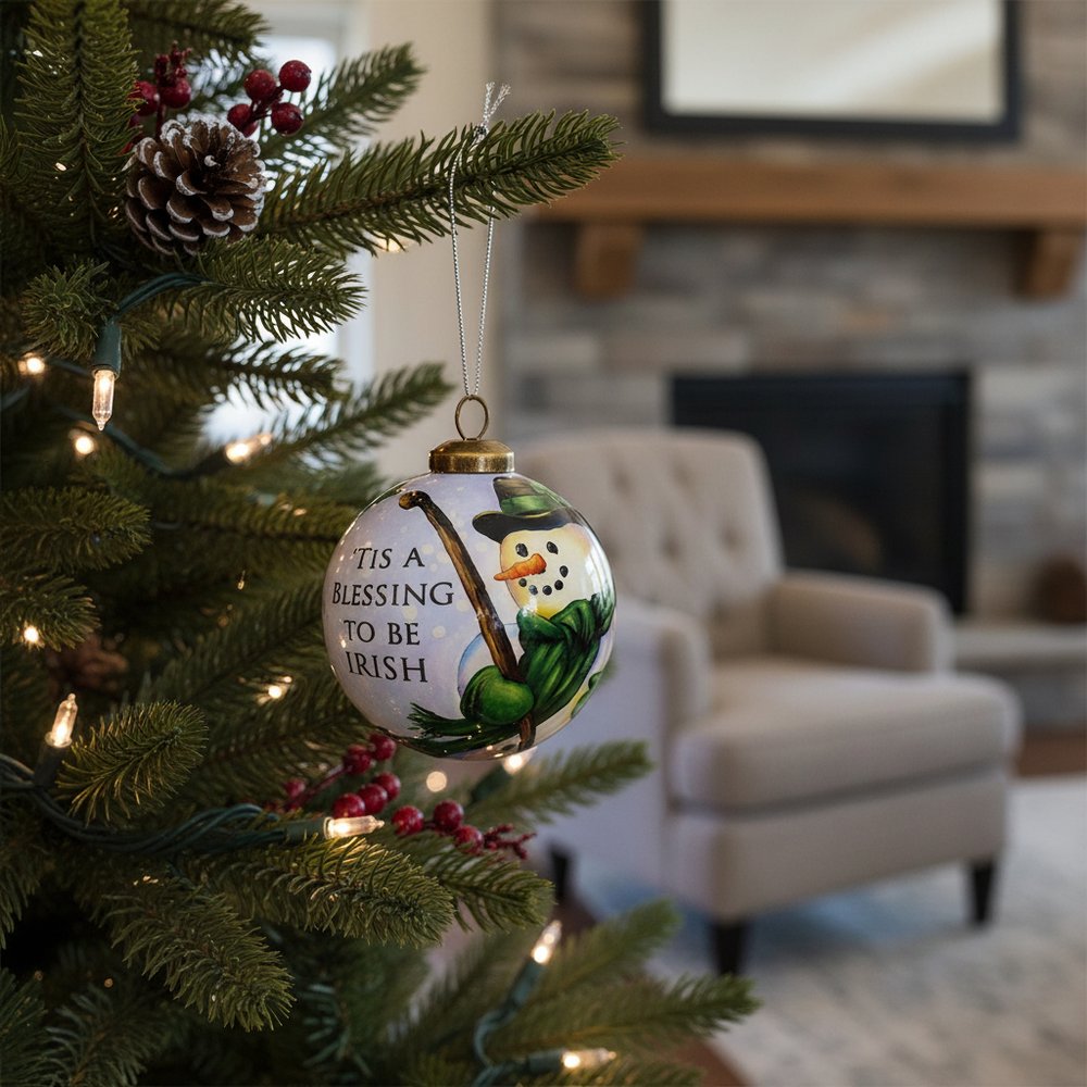 Green Irish Snowman Hand Painted Mouth Blown Glass Ornament