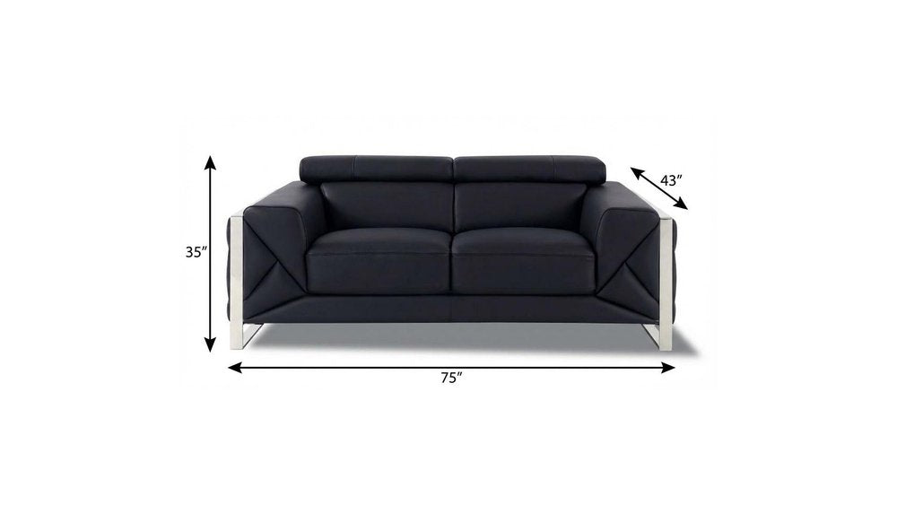 75" Black And Silver Italian Leather Loveseat