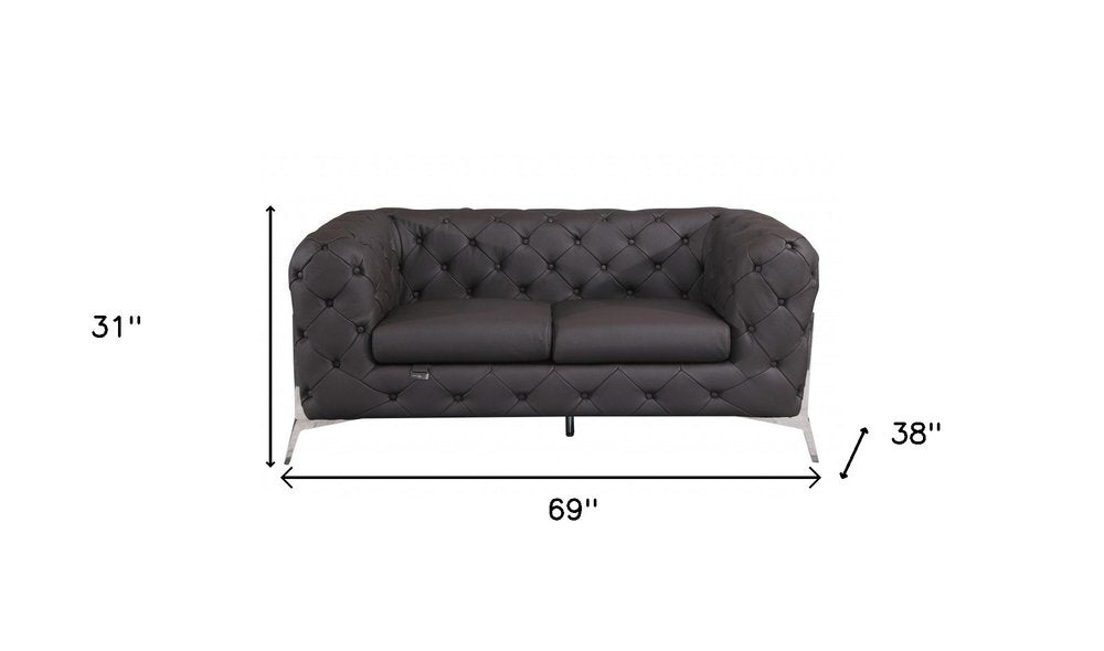 69" Brown And Silver Italian Leather Loveseat