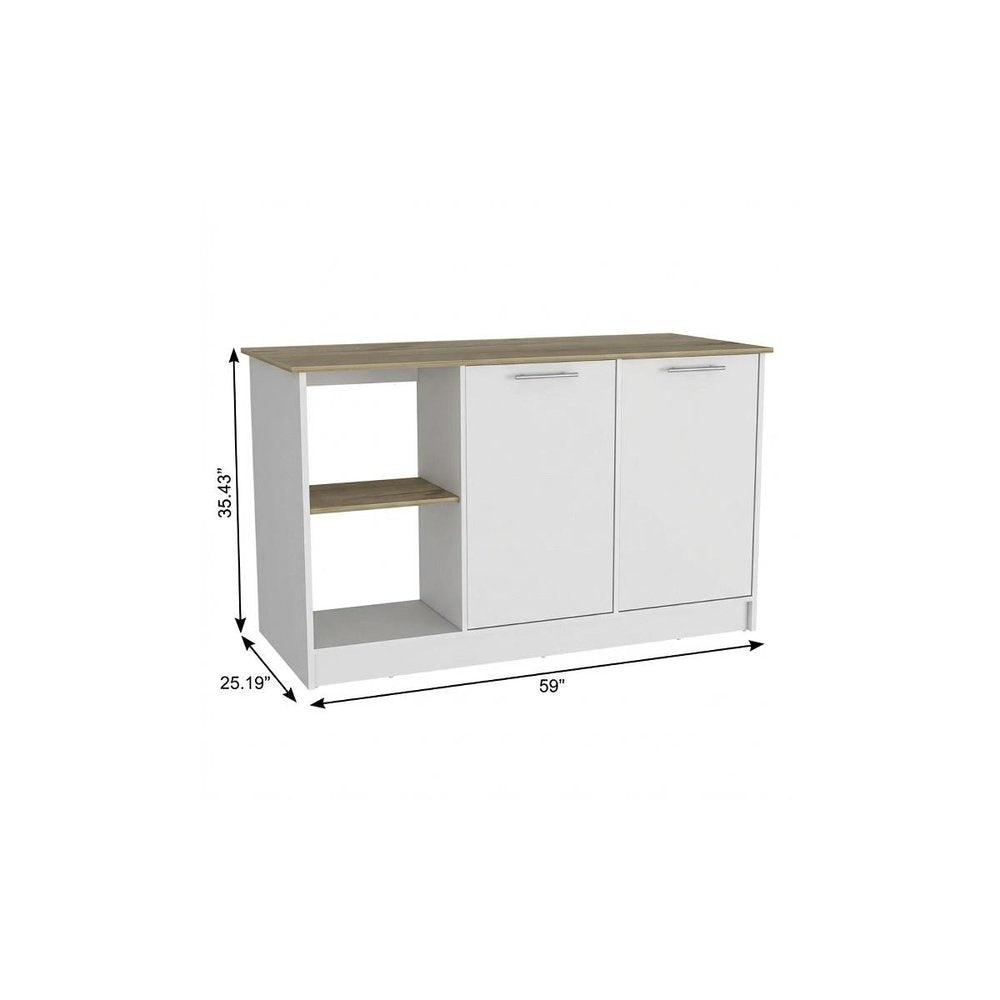 White and Brown 59" Kitchen Island With Storage