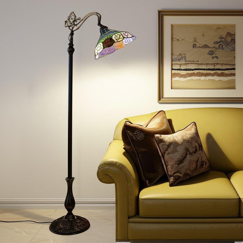 62" Brown Torchiere Floor Lamp With Blue and Yellow Flowers Glass Dome Shade