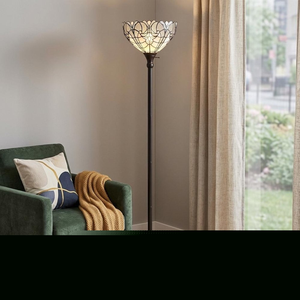 62" Brown Torchiere Floor Lamp With White Tiffany Style Glass Dome Shade