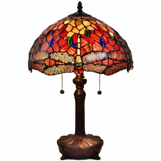 22" Dark Brown Metal Two Light Candlestick Table Lamp With Red and Black Shade