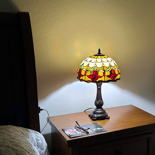 19" Dark Brown Metal Candlestick Table Lamp With Orange Dome Shade