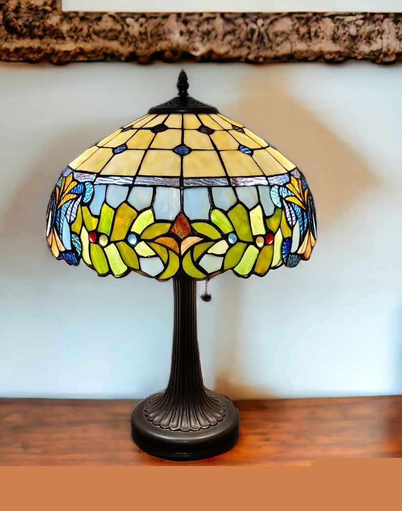 23" Dark Brown Metal Two Light Candlestick Table Lamp With Green Shade