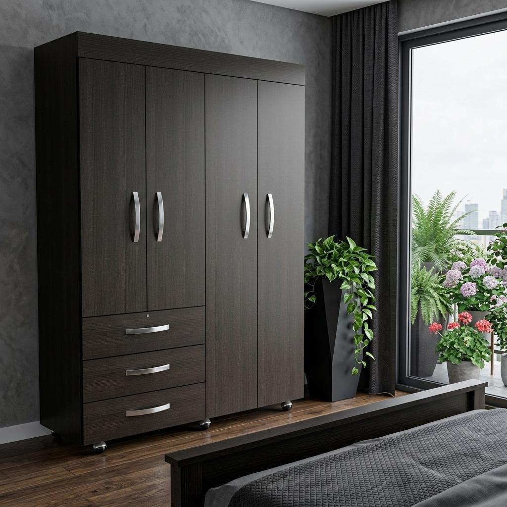 68" Black Wood Four Door Three Drawer Combo Dresser
