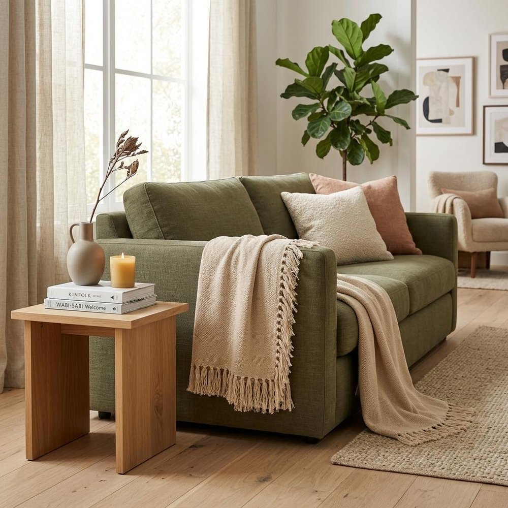 Beige Woven Cotton Abstract Throw Blanket