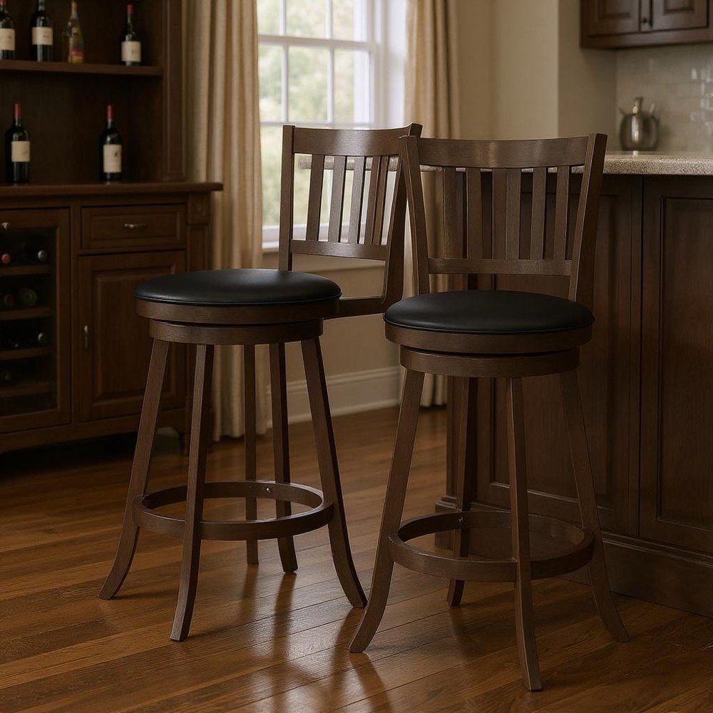 Set of Two 29" Black and Espresso Faux Leather and Solid Wood Bar Height Swivel Bar Chairs