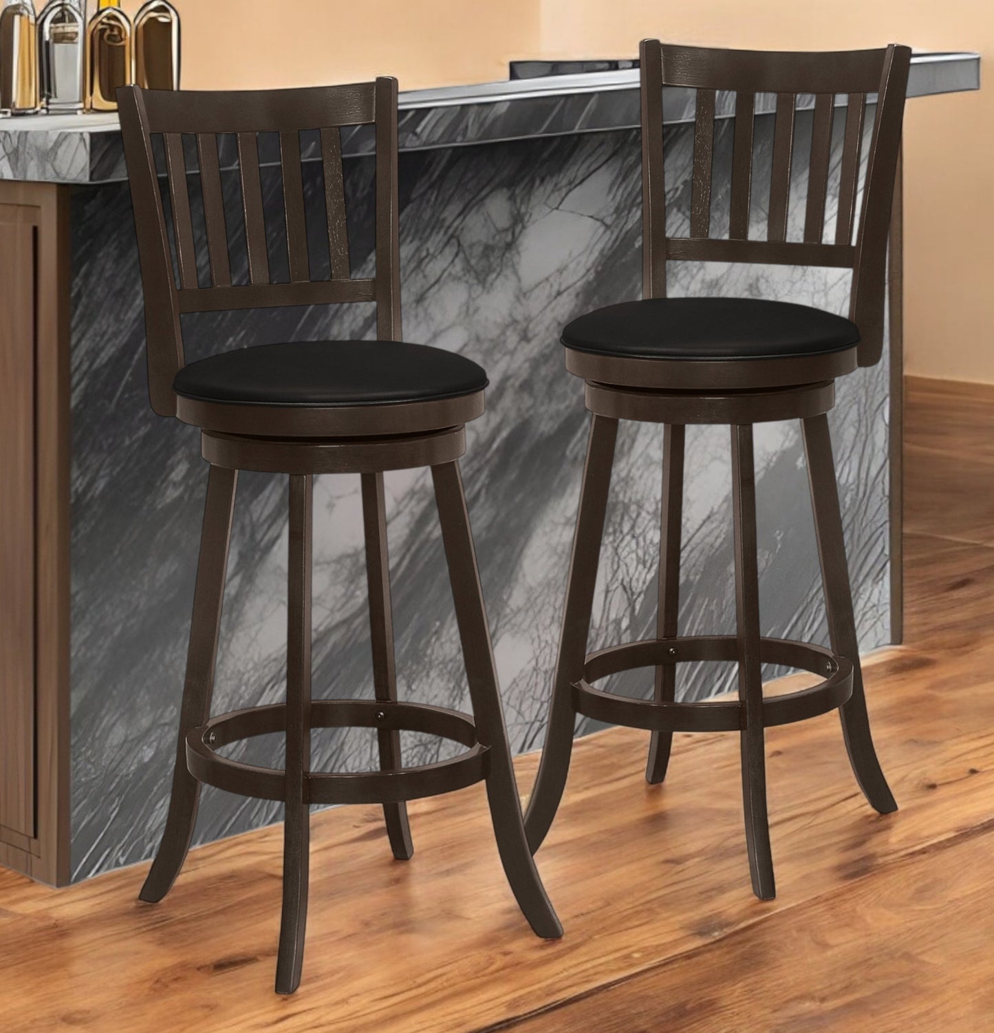Set of Two 29" Black and Espresso Faux Leather and Solid Wood Bar Height Swivel Bar Chairs