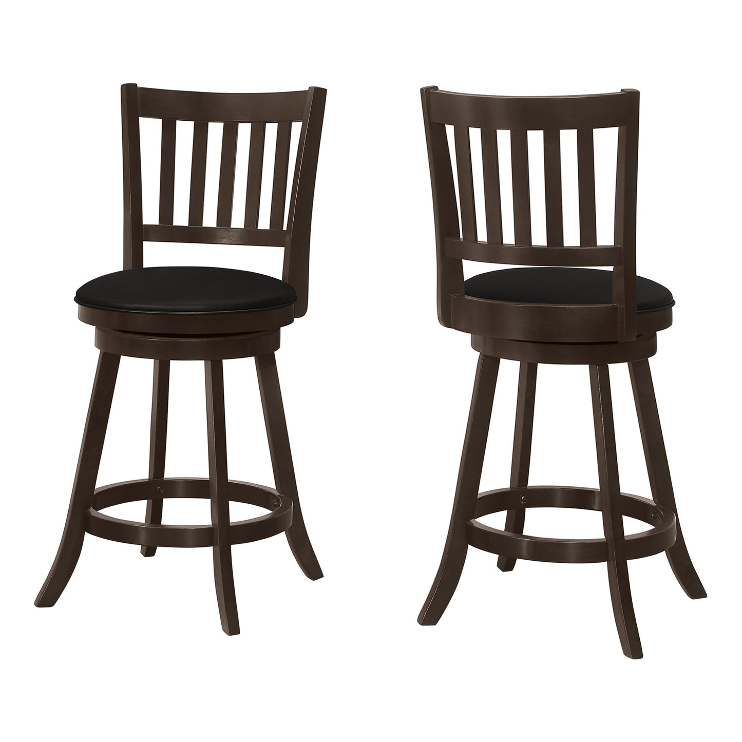 Set of Two 23" Black and Espresso Faux Leather and Solid Wood Counter Height Swivel Bar Chairs