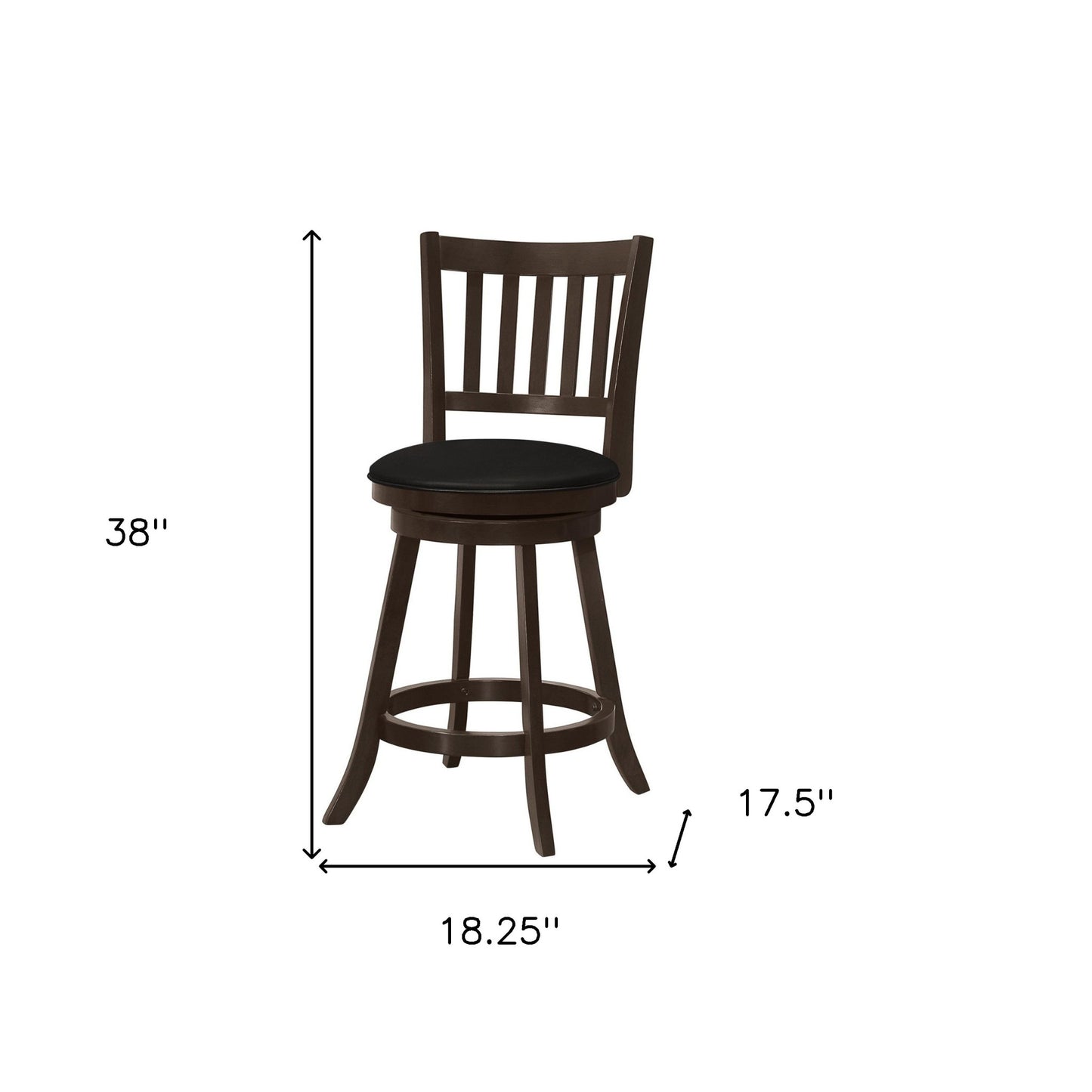 Set of Two 23" Black and Espresso Faux Leather and Solid Wood Counter Height Swivel Bar Chairs