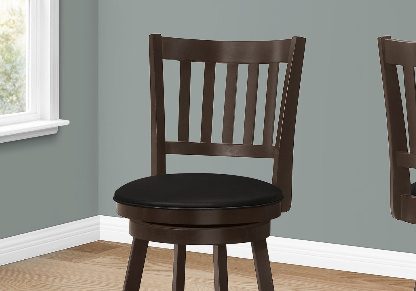 Set of Two 23" Black and Espresso Faux Leather and Solid Wood Counter Height Swivel Bar Chairs