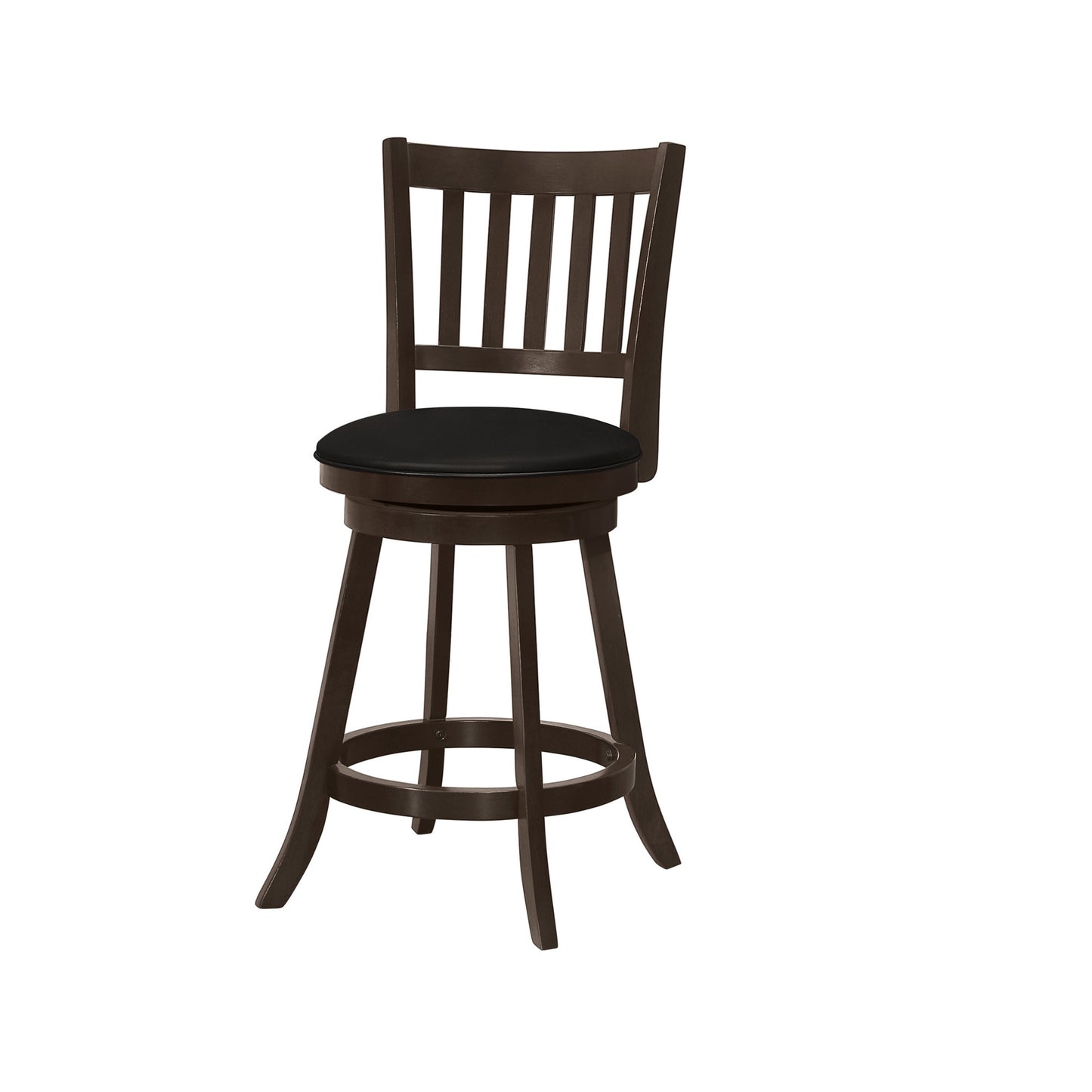 Set of Two 23" Black and Espresso Faux Leather and Solid Wood Counter Height Swivel Bar Chairs