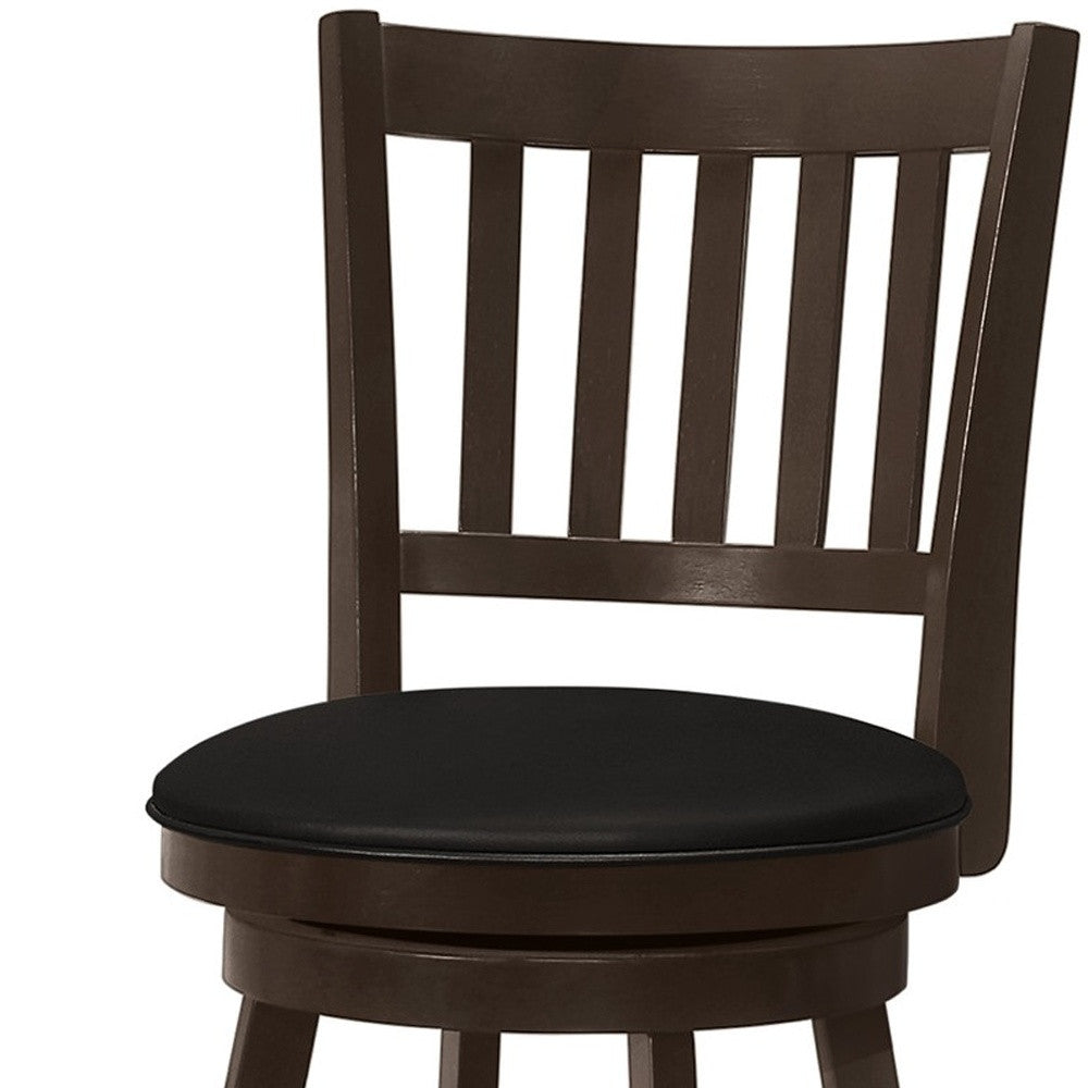 Set of Two 23" Black and Espresso Faux Leather and Solid Wood Counter Height Swivel Bar Chairs