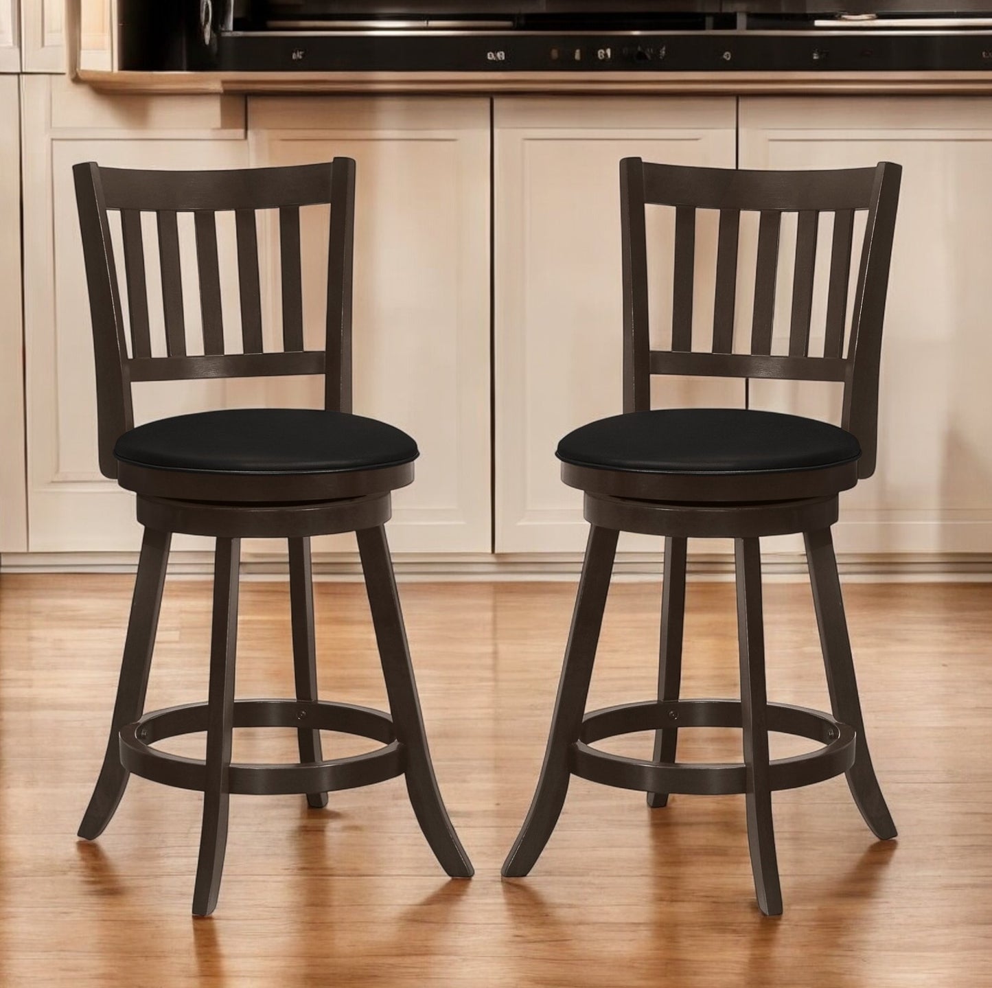 Set of Two 23" Black and Espresso Faux Leather and Solid Wood Counter Height Swivel Bar Chairs