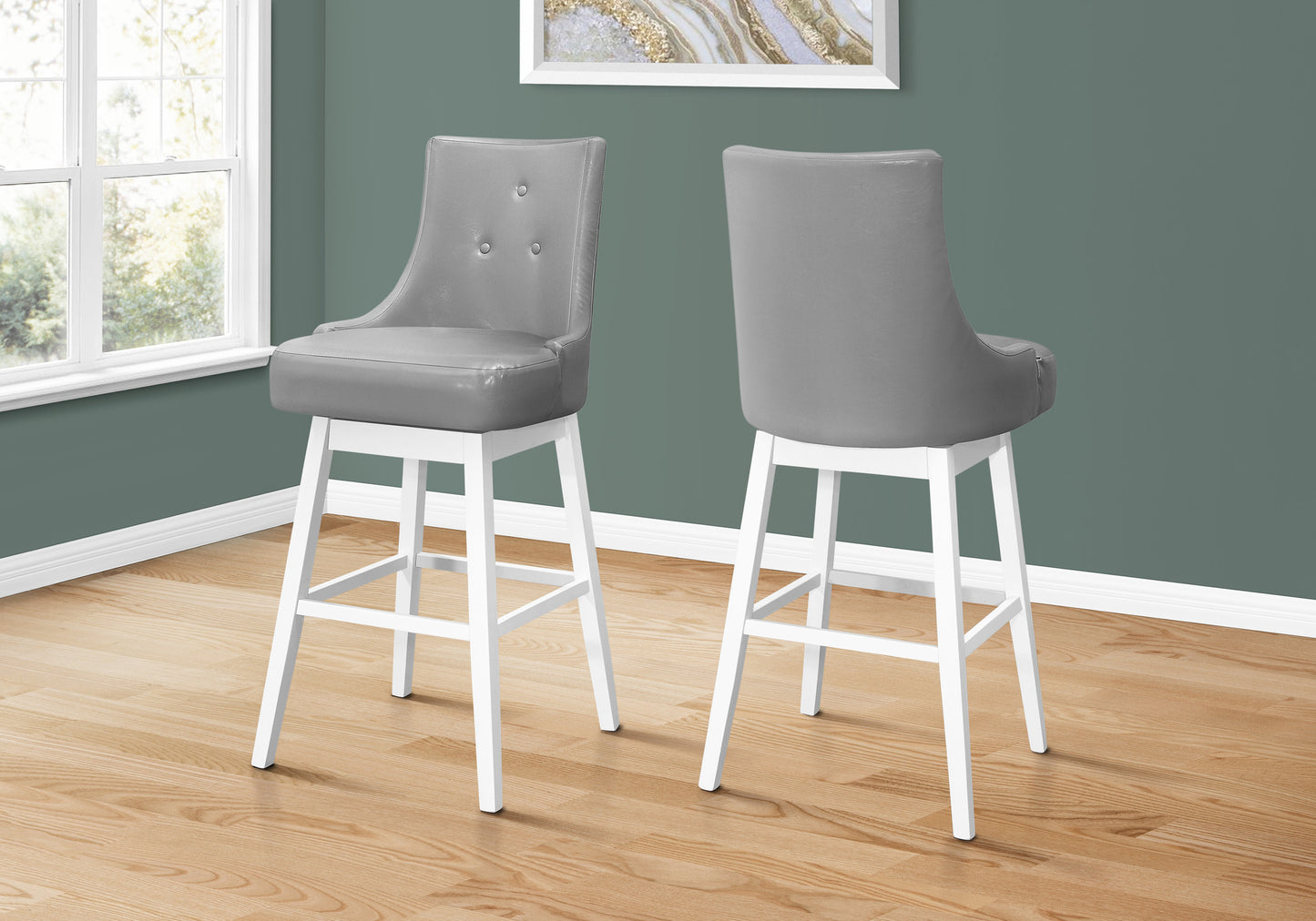 Set of Two 29" Gray and White Faux Leather and Solid Wood Bar Height Swivel Bar Chairs