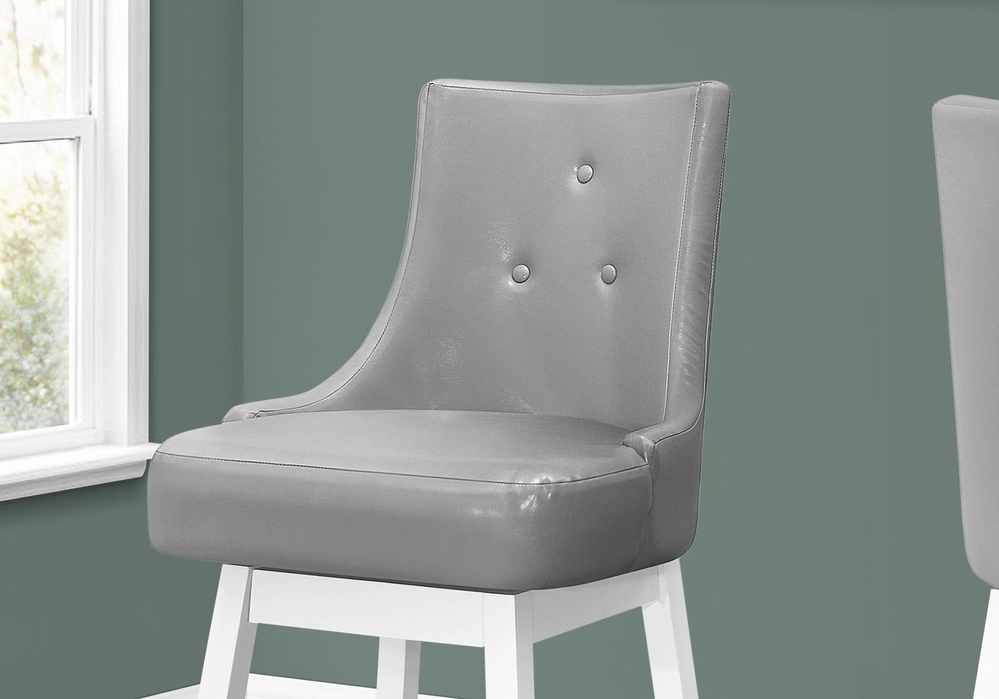 Set of Two 29" Gray and White Faux Leather and Solid Wood Bar Height Swivel Bar Chairs