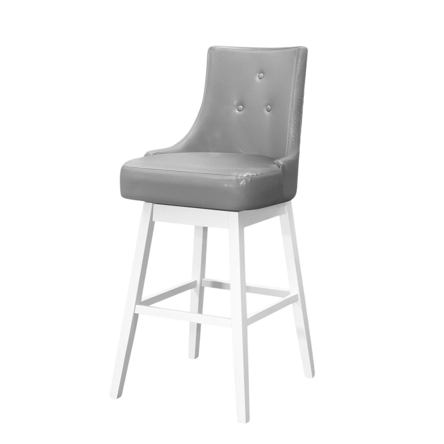 Set of Two 29" Gray and White Faux Leather and Solid Wood Bar Height Swivel Bar Chairs