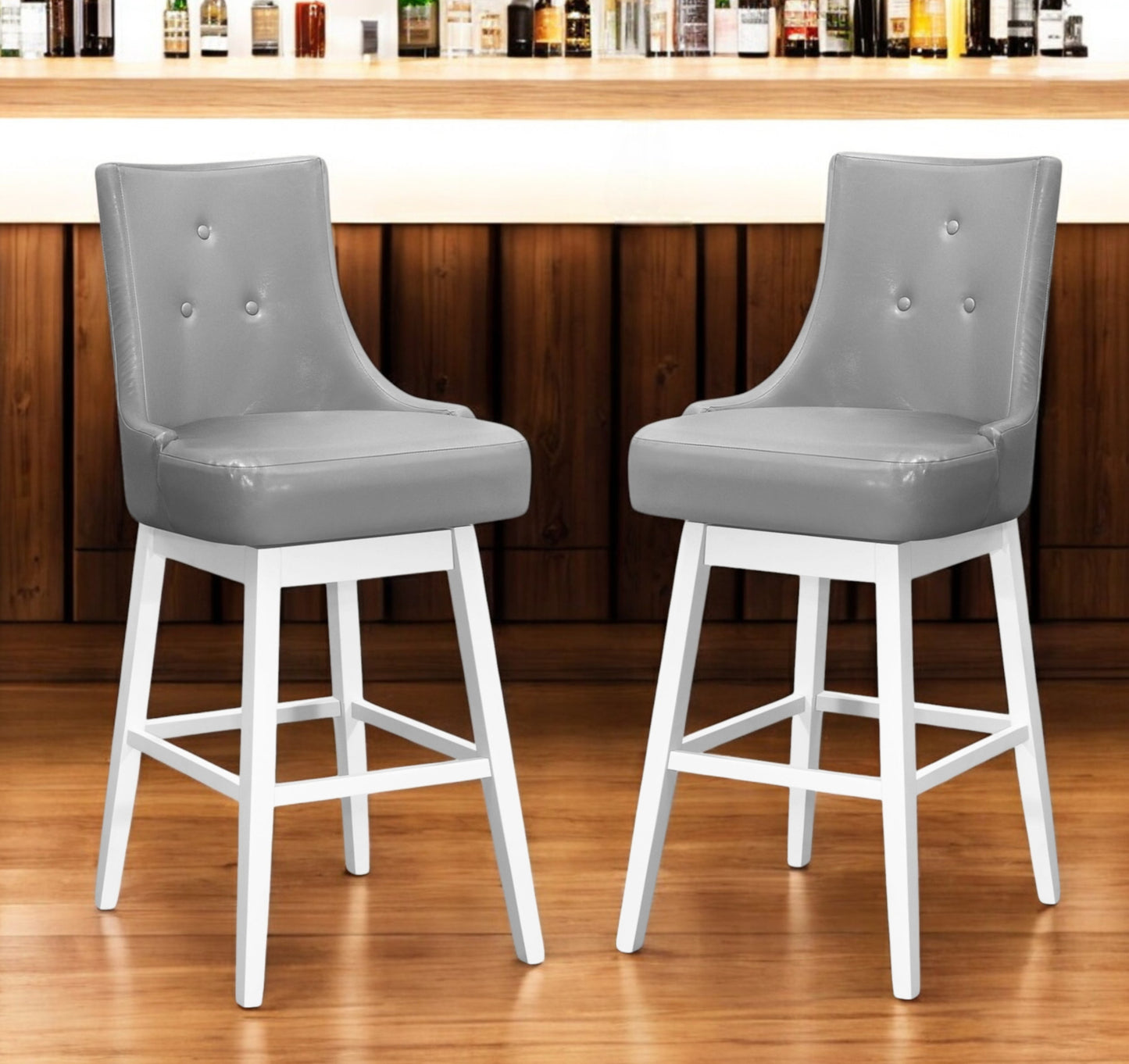 Set of Two 29" Gray and White Faux Leather and Solid Wood Bar Height Swivel Bar Chairs