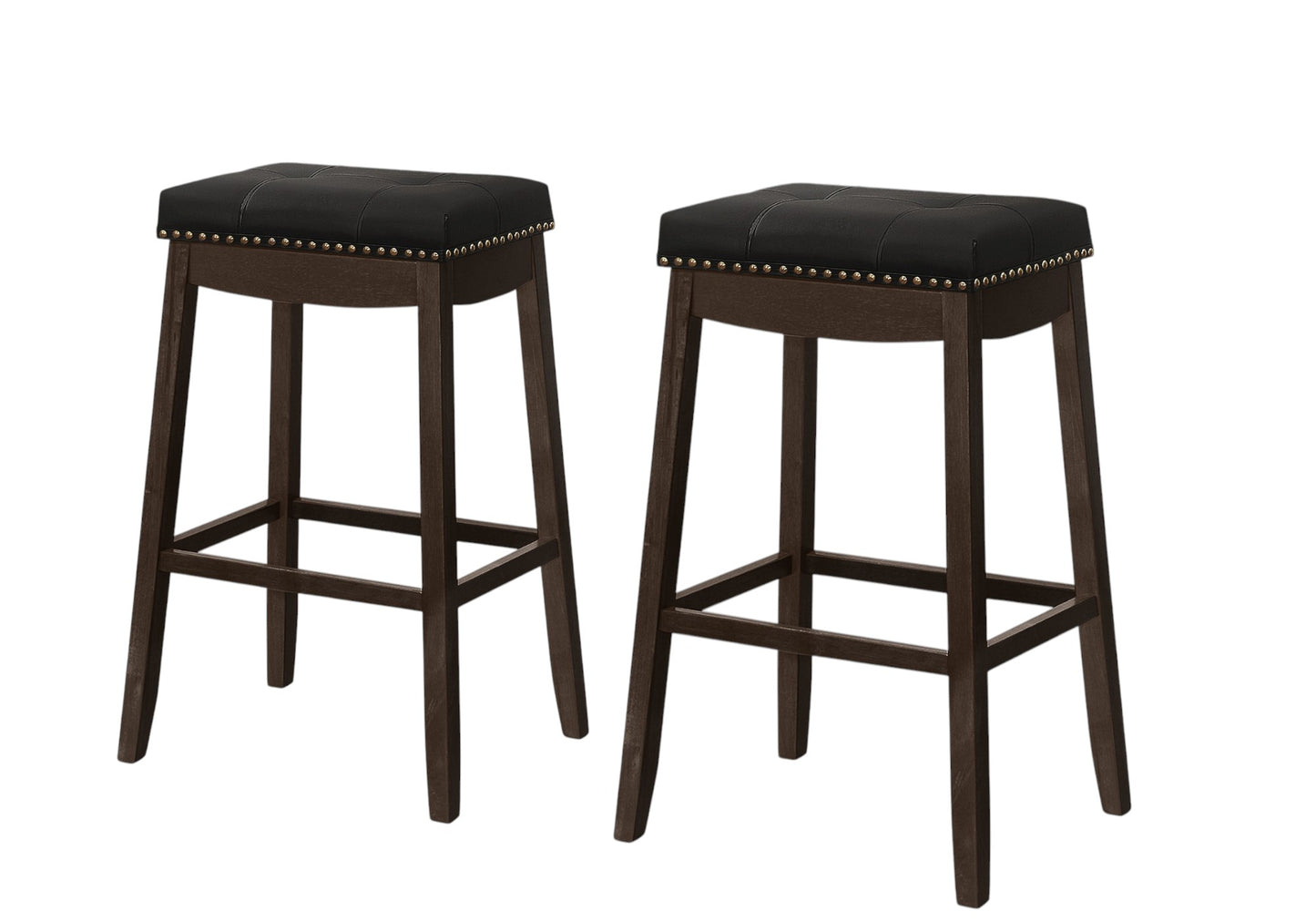 Set of Two 30" Black and Espresso Faux Leather and Solid Wood Backless Bar Height Bar Chairs