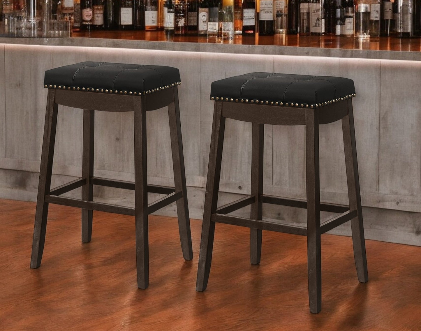 Set of Two 30" Black and Espresso Faux Leather and Solid Wood Backless Bar Height Bar Chairs