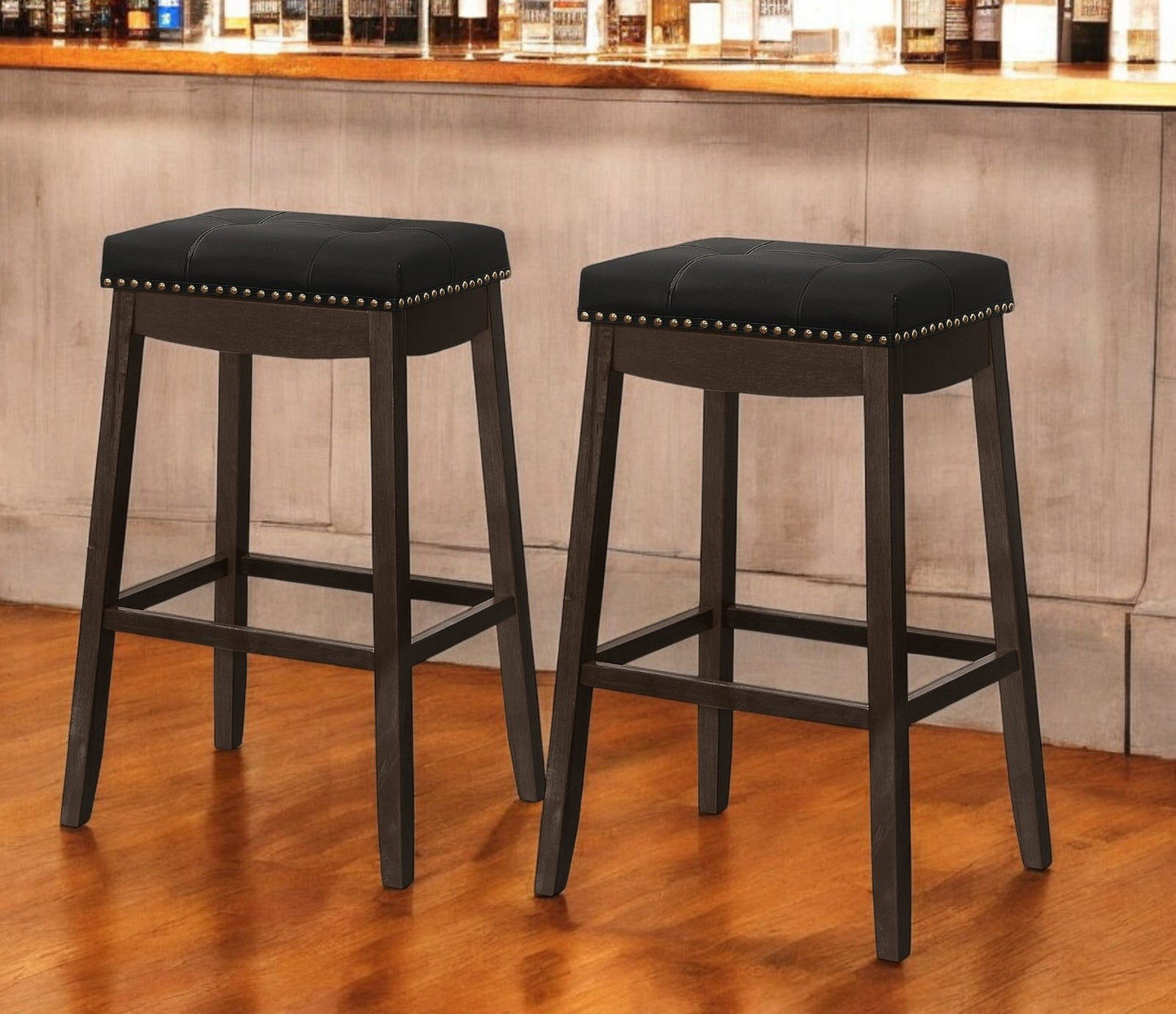 Set of Two 30" Black and Espresso Faux Leather and Solid Wood Backless Bar Height Bar Chairs