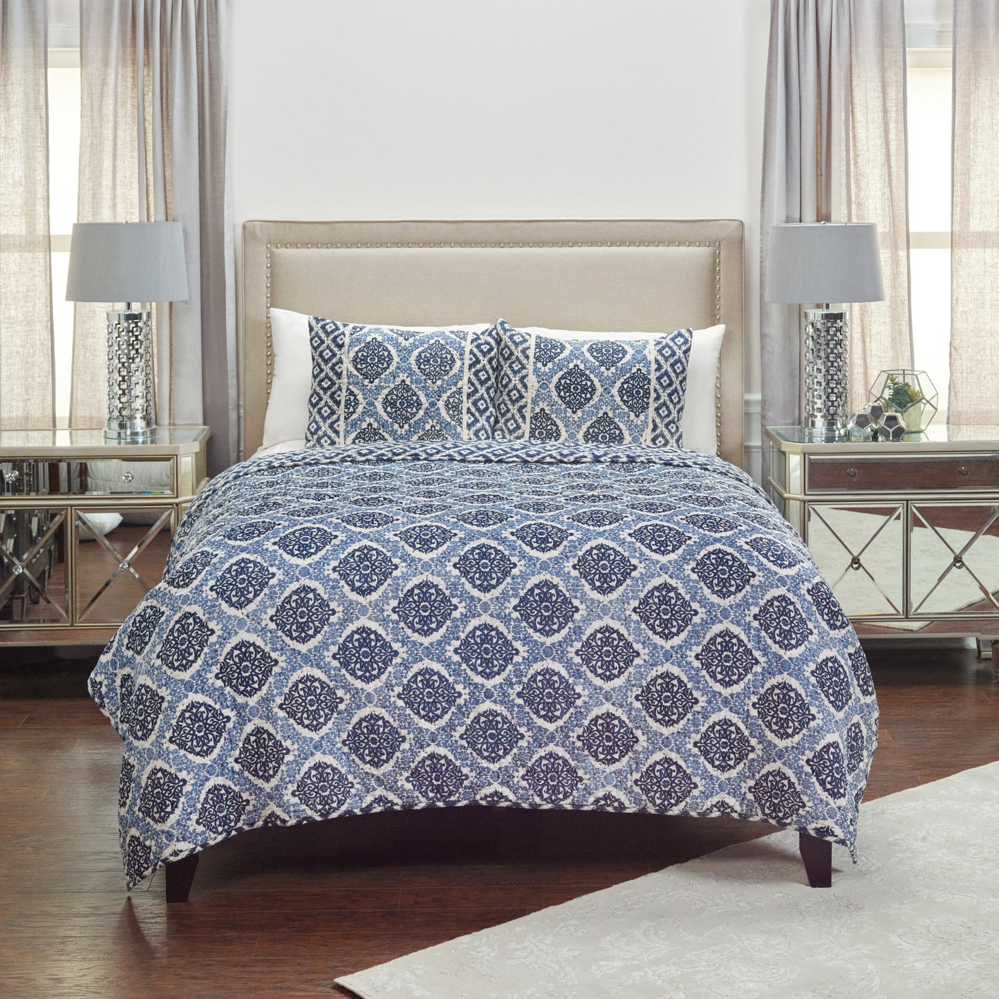 Blue And Ivory Damask King Quilt