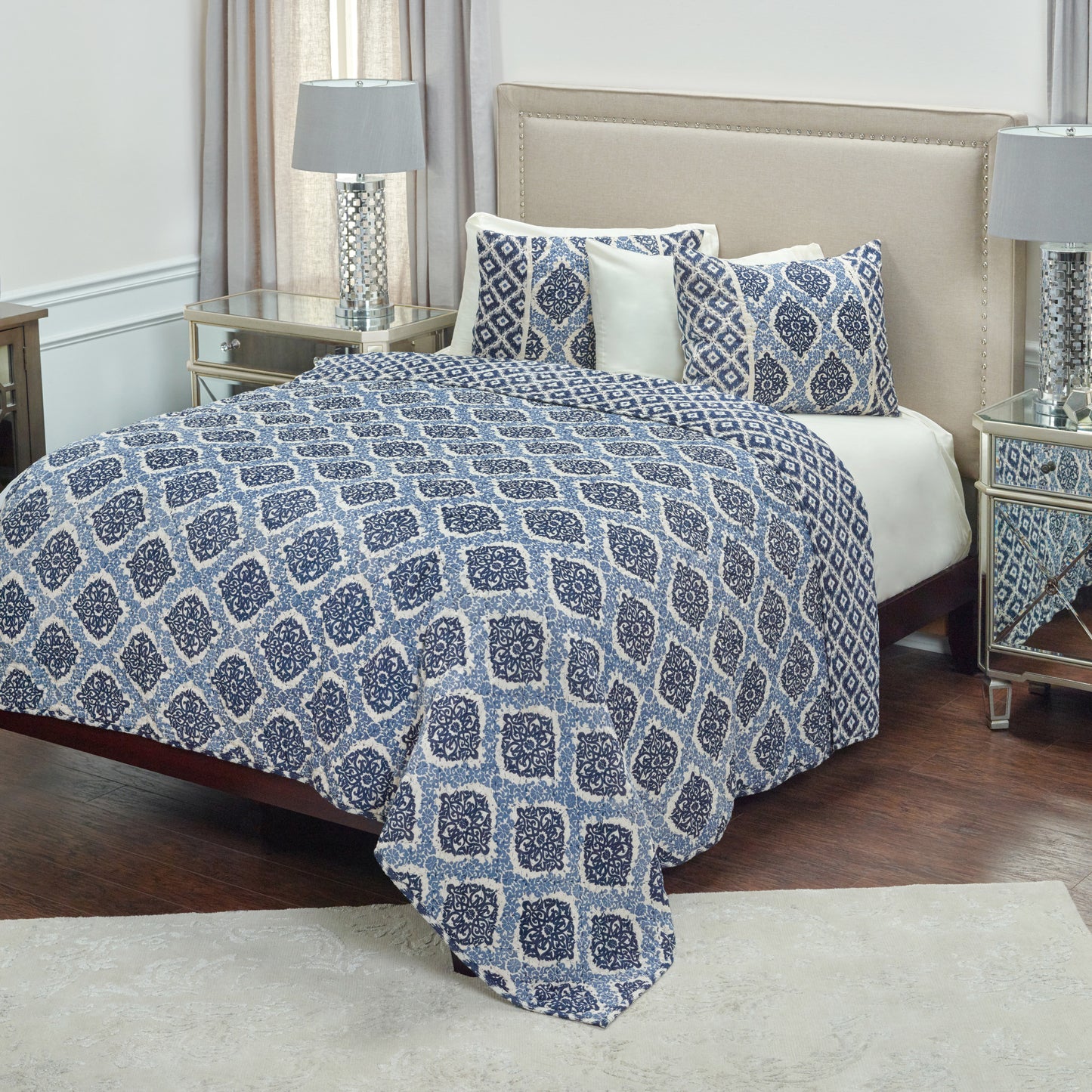 Blue And Ivory Damask King Quilt