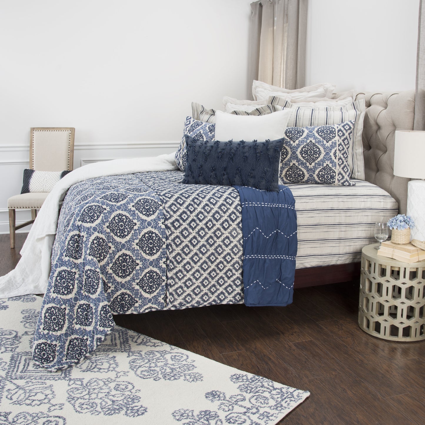 Blue And Ivory Damask King Quilt