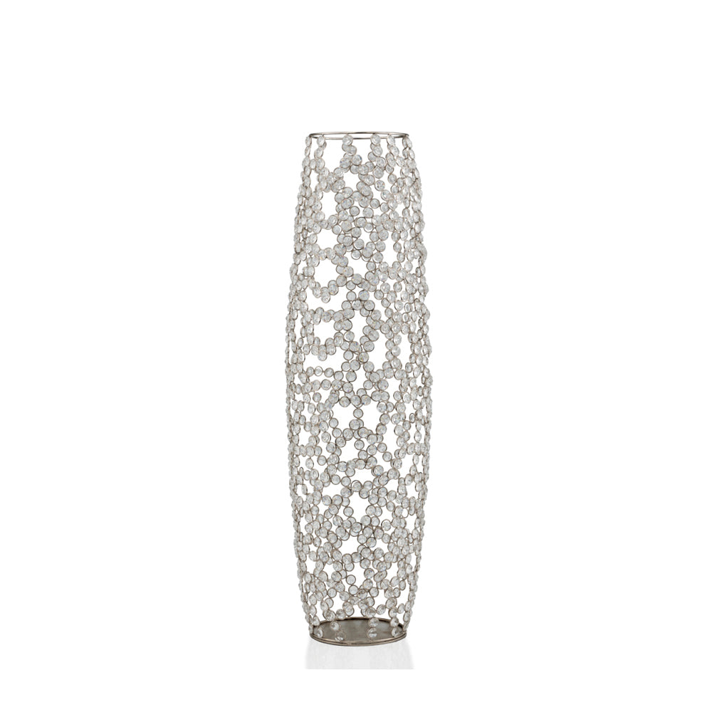 32" Silver Cylinder Crystal Glass Floor Vase With Faux Crystals