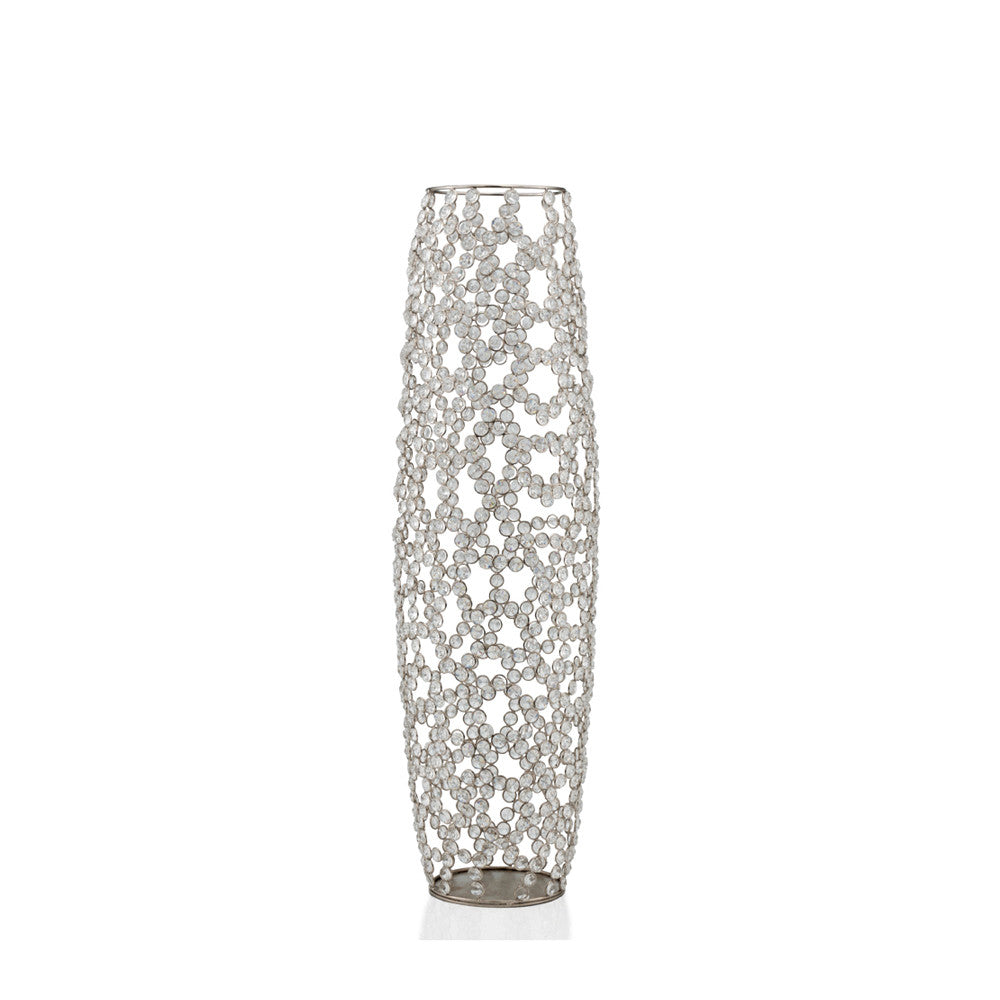 32" Silver Cylinder Crystal Glass Floor Vase With Faux Crystals