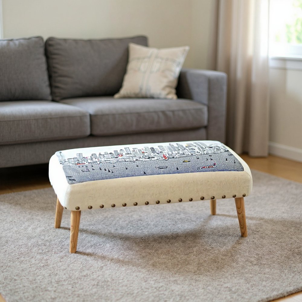 38" Cream Wool and Brown Ottoman