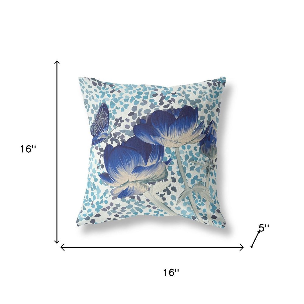 16" x 16" Blue and White Butterfly Blown Seam Floral Indoor Outdoor Throw Pillow
