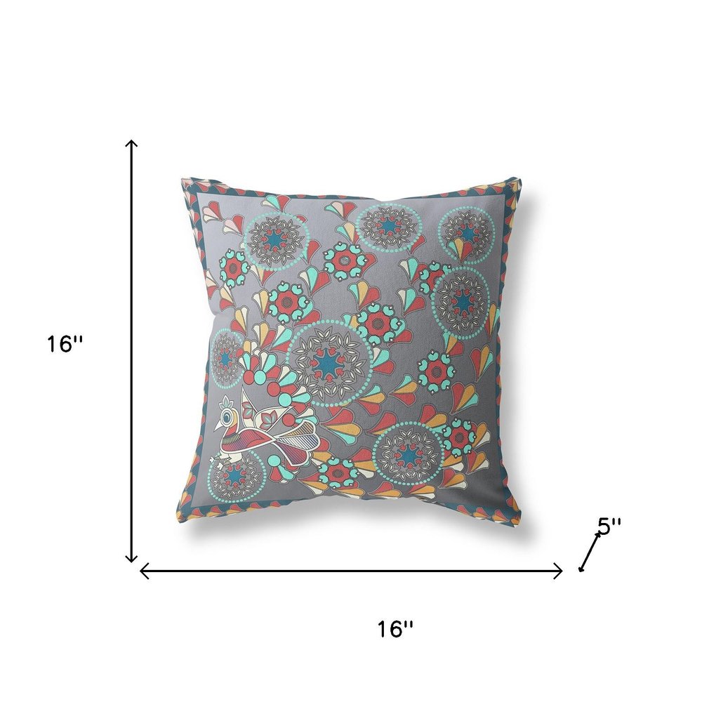 16" x 16" Gray Peacock Blown Seam Floral Indoor Outdoor Throw Pillow