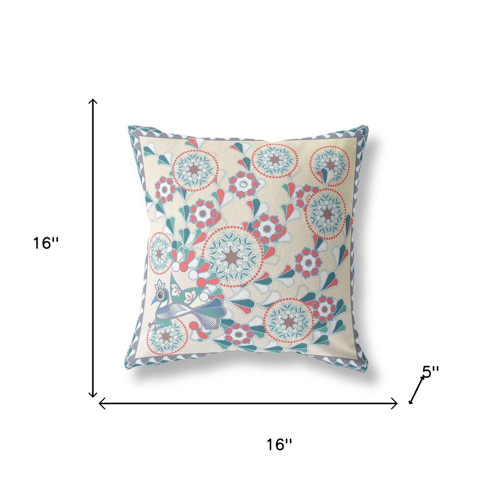 16" x 16" Off White Peacock Blown Seam Floral Indoor Outdoor Throw Pillow