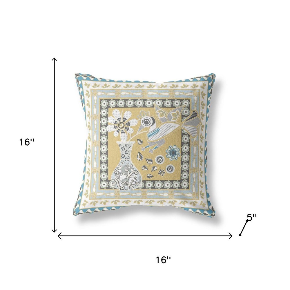 16" x 16" Beige and White Peacock Blown Seam Floral Indoor Outdoor Throw Pillow