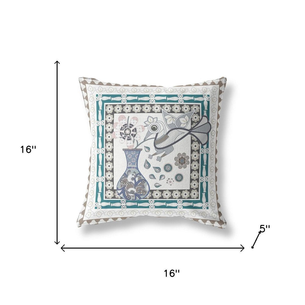 16" x 16" Off White Peacock Blown Seam Floral Indoor Outdoor Throw Pillow
